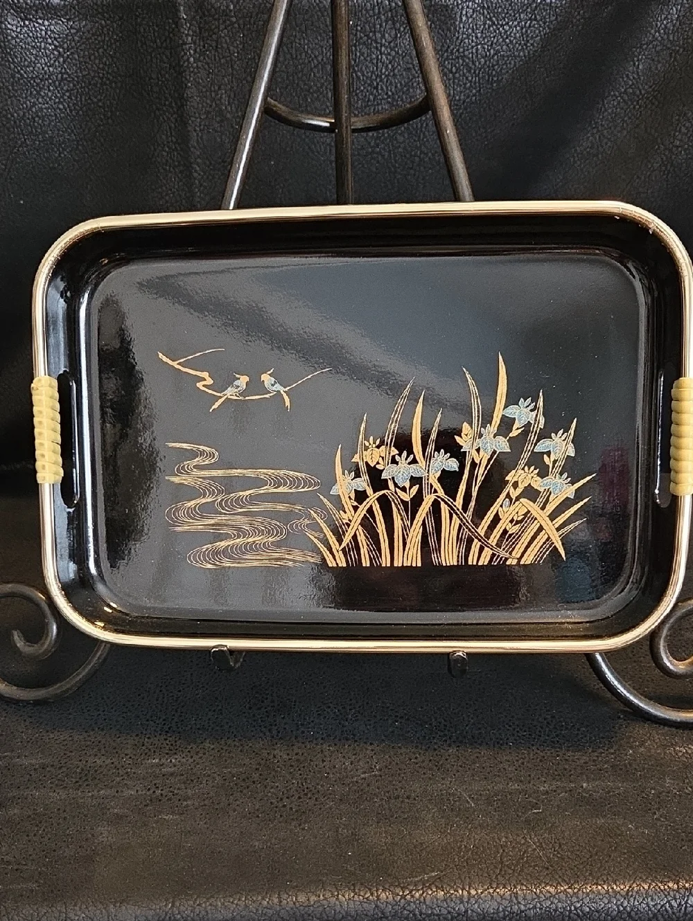 VintageToyo Black Lacquered Floral Serving Trays with Gold Trim